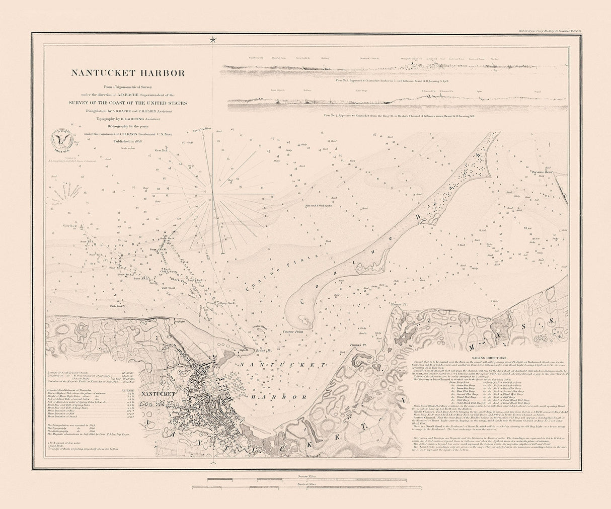 1848 Nautical Chart of Nantucket Harbor Massachusetts
