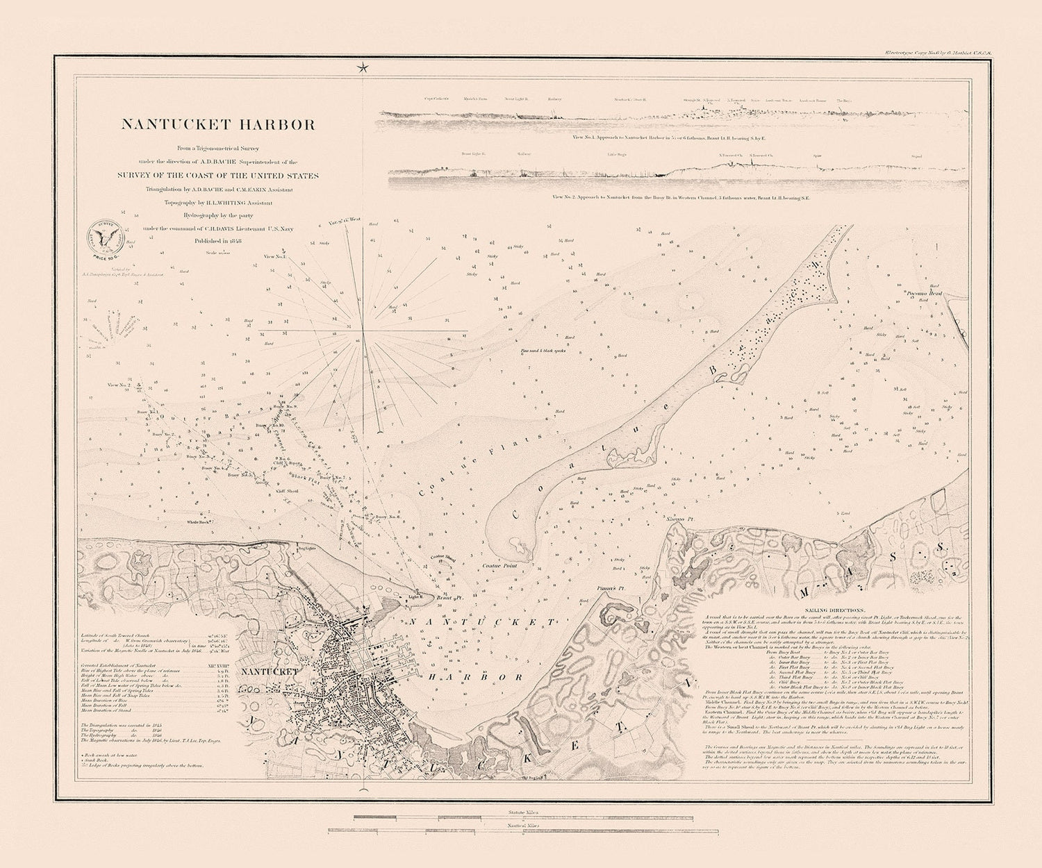 1848 Nautical Chart of Nantucket Harbor Massachusetts