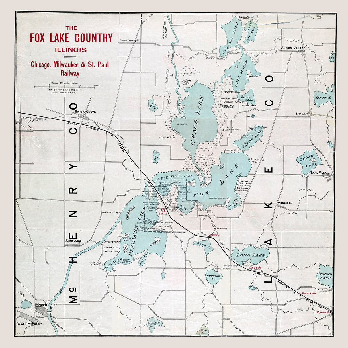 1916 Map of The Fox Lake Country Illinois
