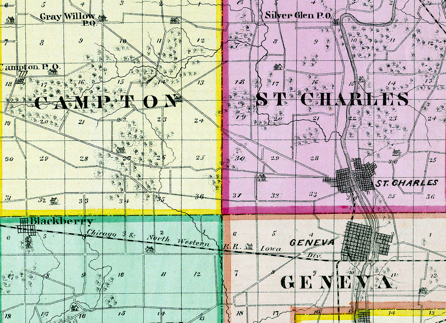 1872 Map of Kane County Illinois