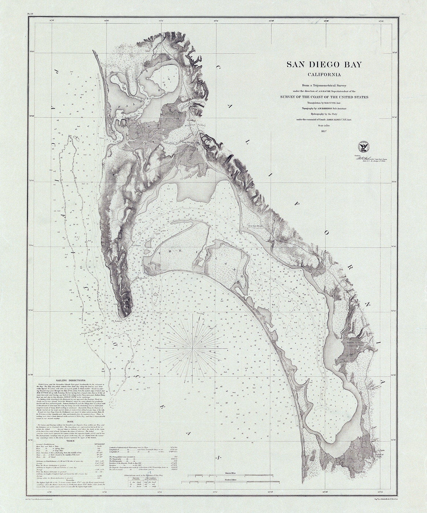 1857 Nautical Chart of San Diego Bay California