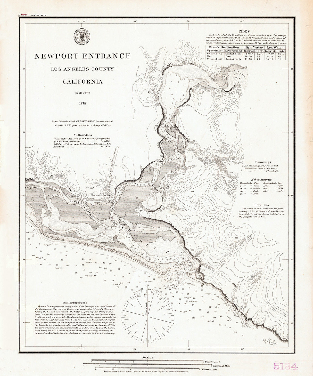 1878 Nautical Chart of Newport Entrance Newport Bay California