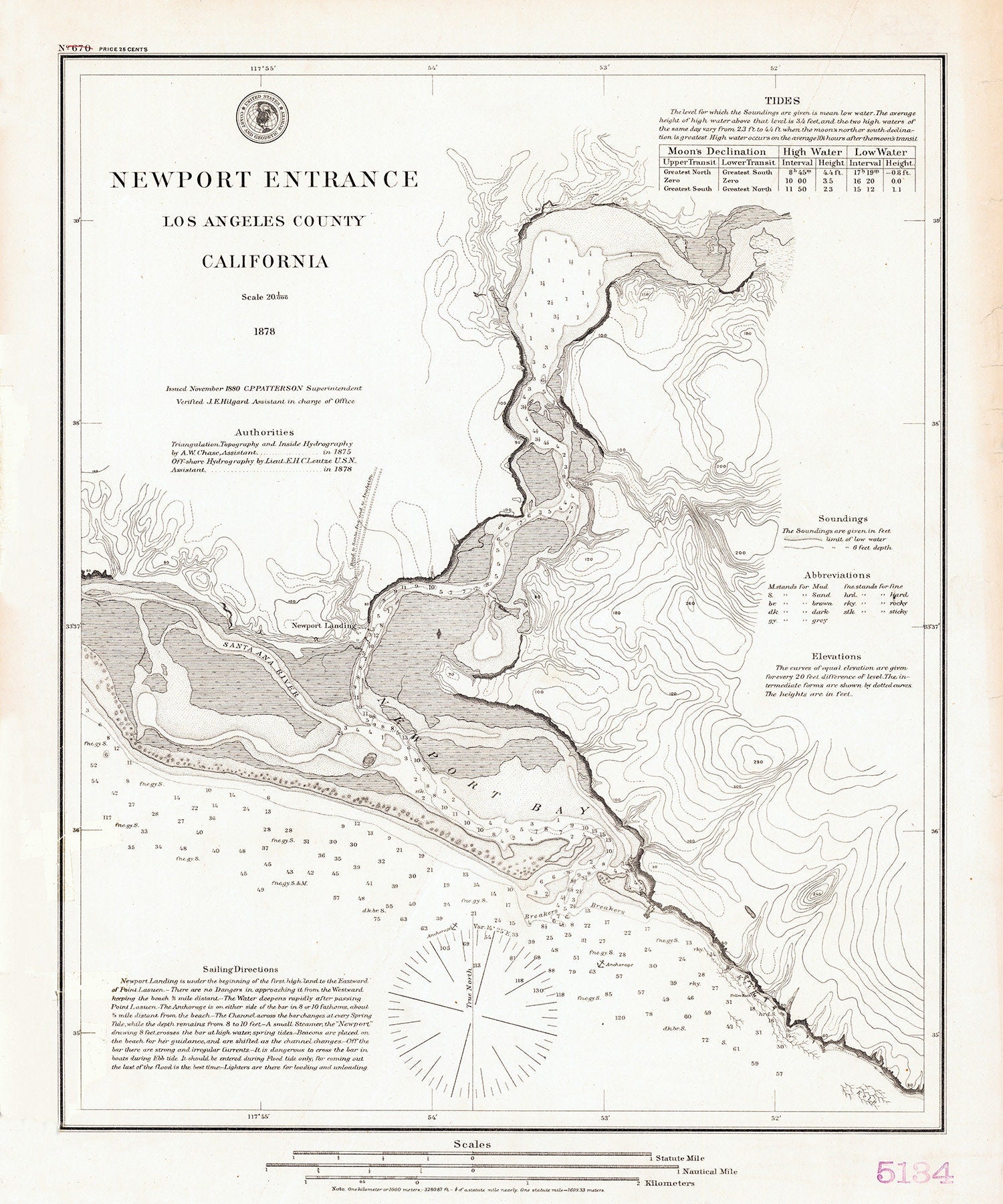 1878 Nautical Chart of Newport Entrance Newport Bay California