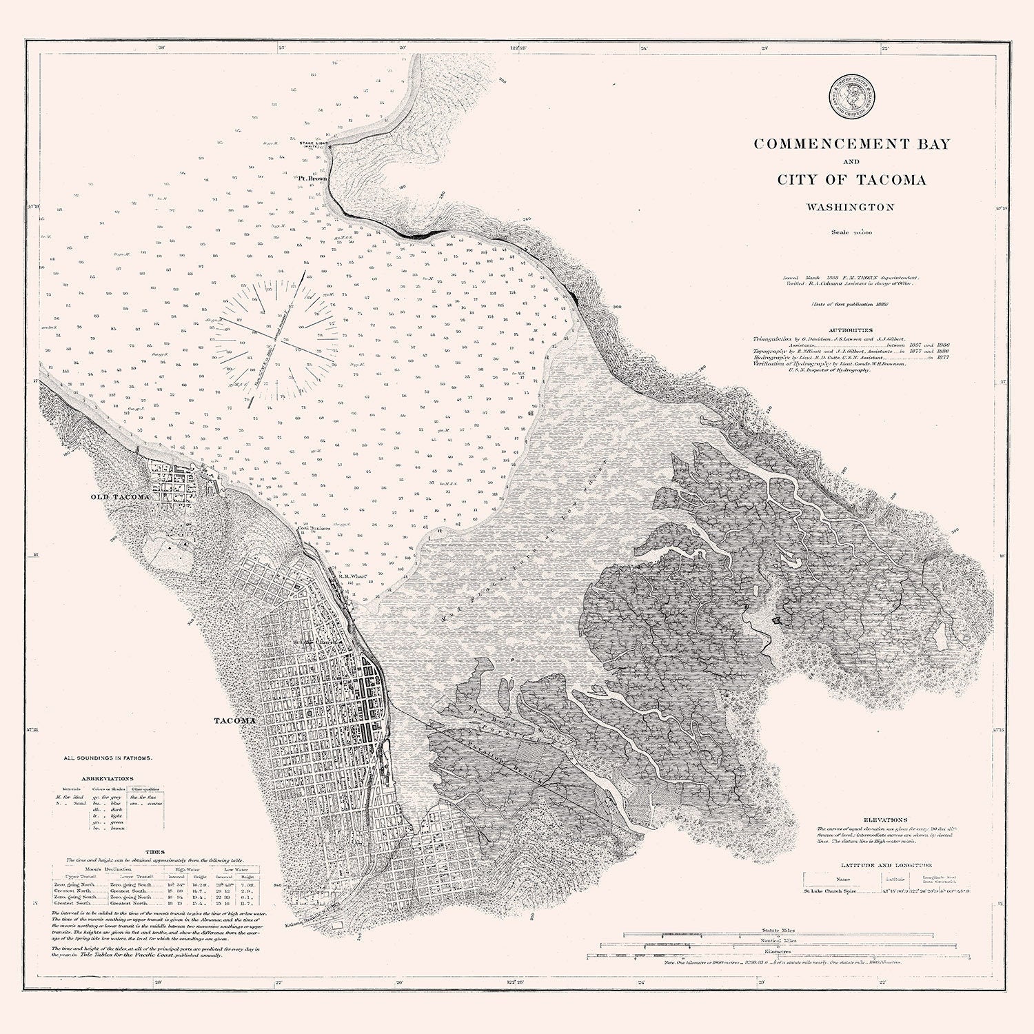 1888 Nautical Chart of Commencement Bay and City of Tacoma Washington
