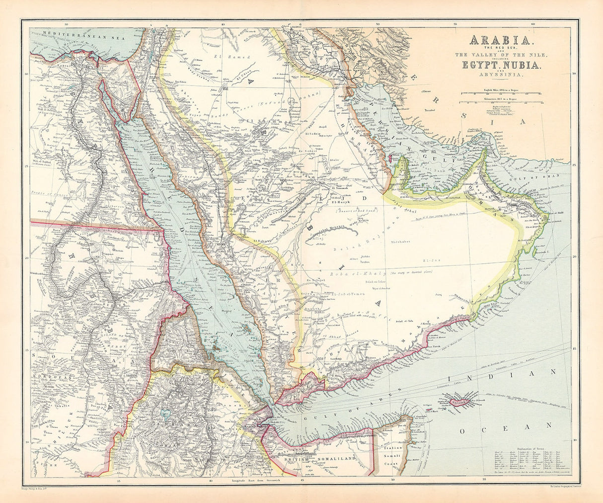 1910 Map of Arabia and the Red Sea Persian Gulf