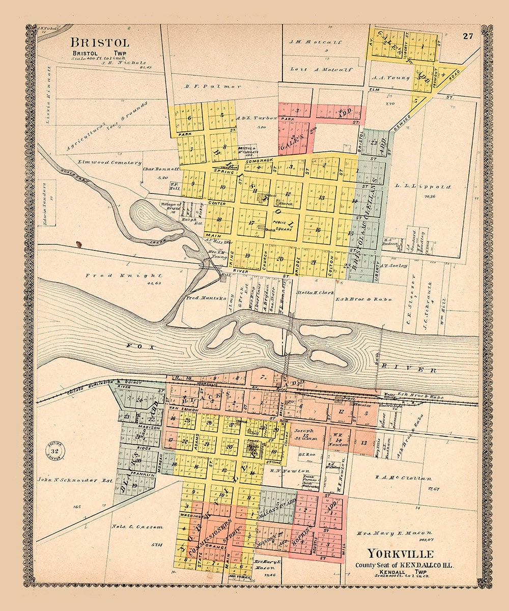 1903 Map of Bristol and Yorkville Kendall County Illinois