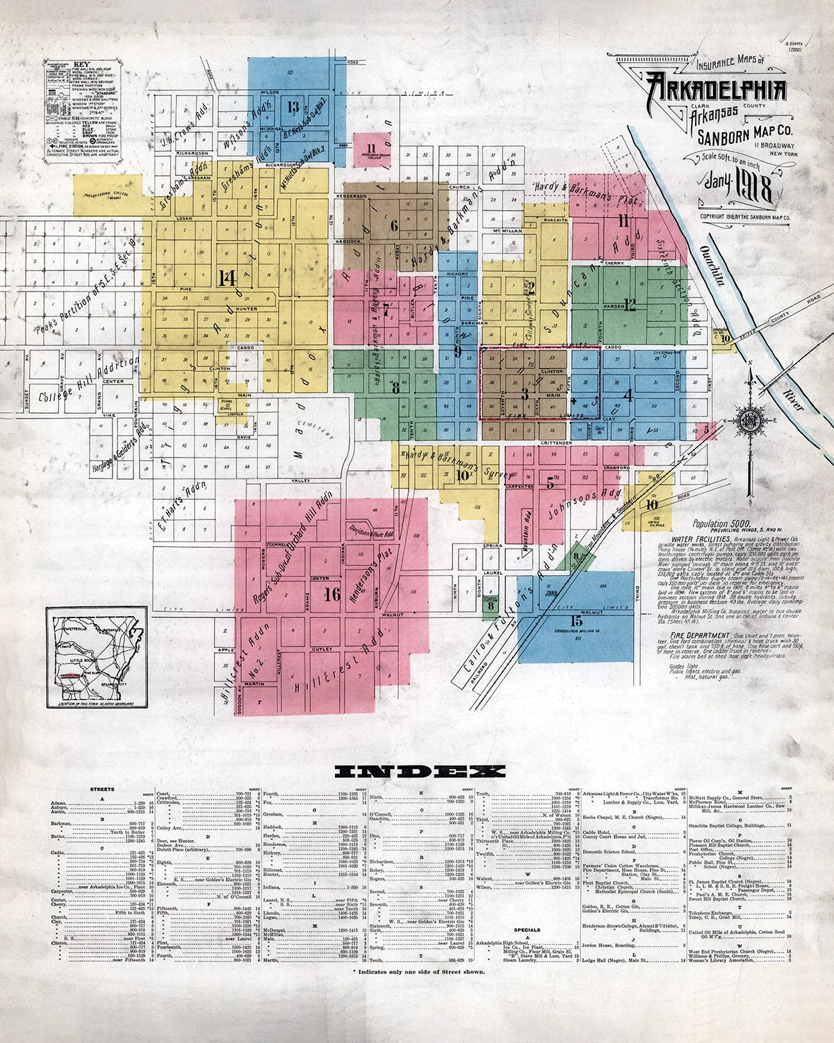1918 Map of Arkadelphia Clark County Arkansas