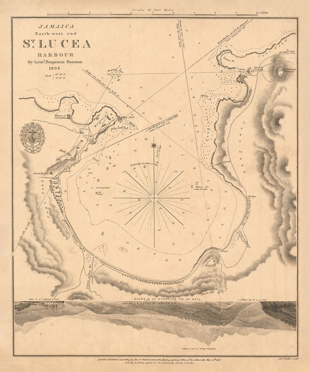 1834 Nautical Chart of St Lucea Harbour Jamaica