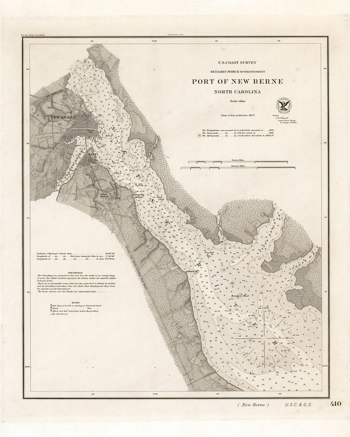 1867 Nautical Chart of Port of New Berne North Carolina