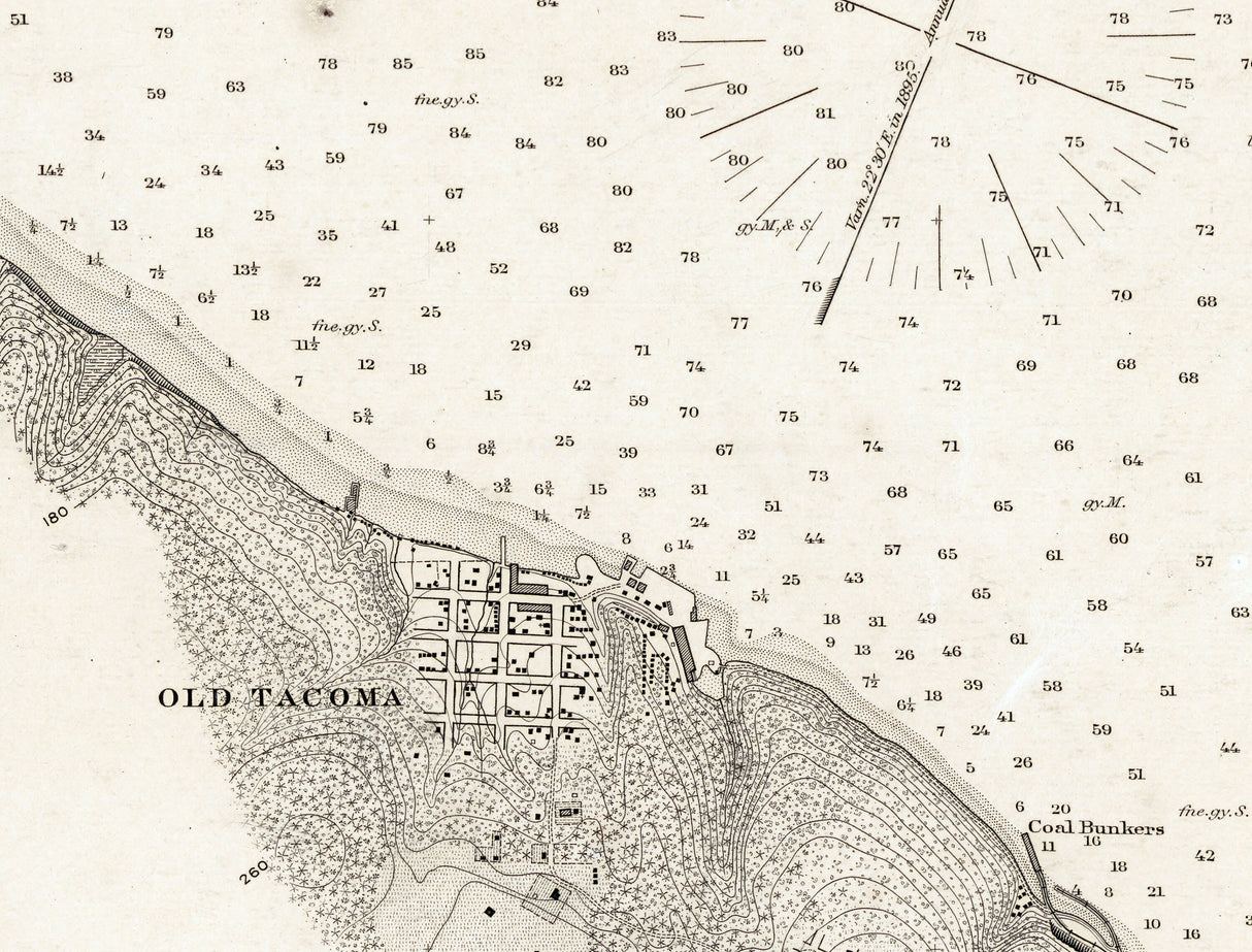 1888 Nautical Chart of Commencement Bay and City of Tacoma Washington