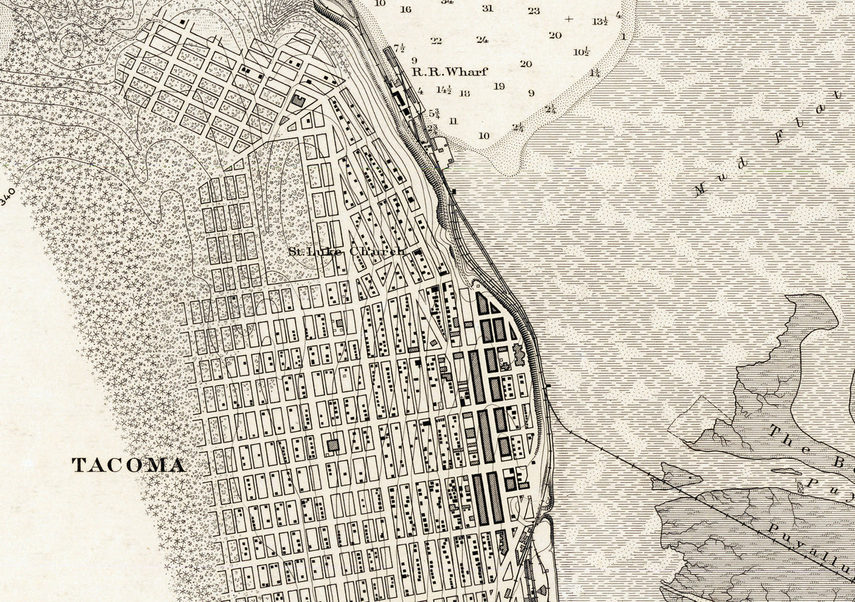 1888 Nautical Chart of Commencement Bay and City of Tacoma Washington