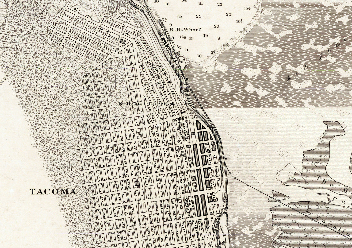 1888 Nautical Chart of Commencement Bay and City of Tacoma Washington