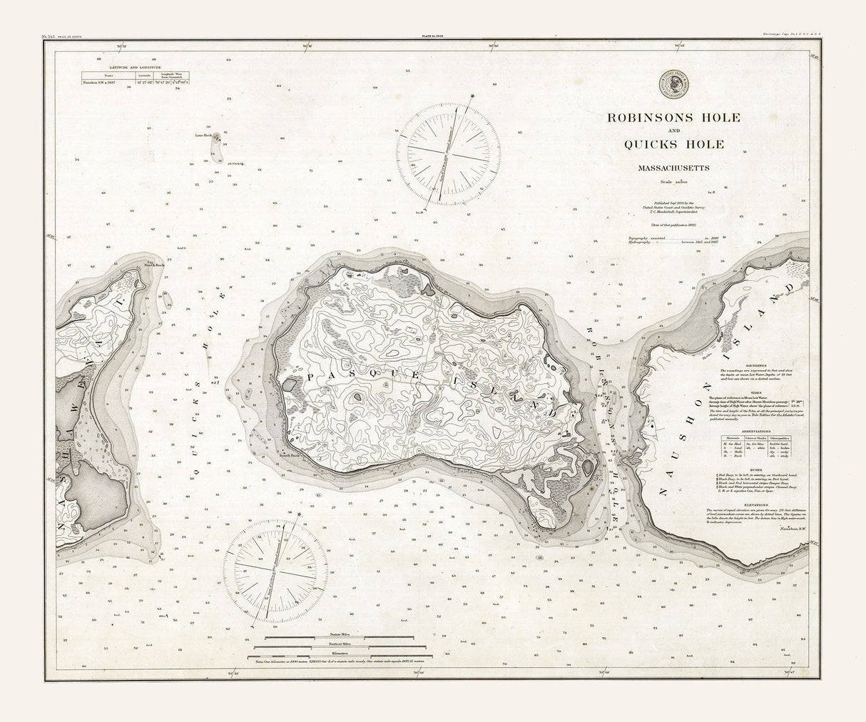 1892 Nautical Chart of Robinsons Hole and Quicks Hole Massachusetts