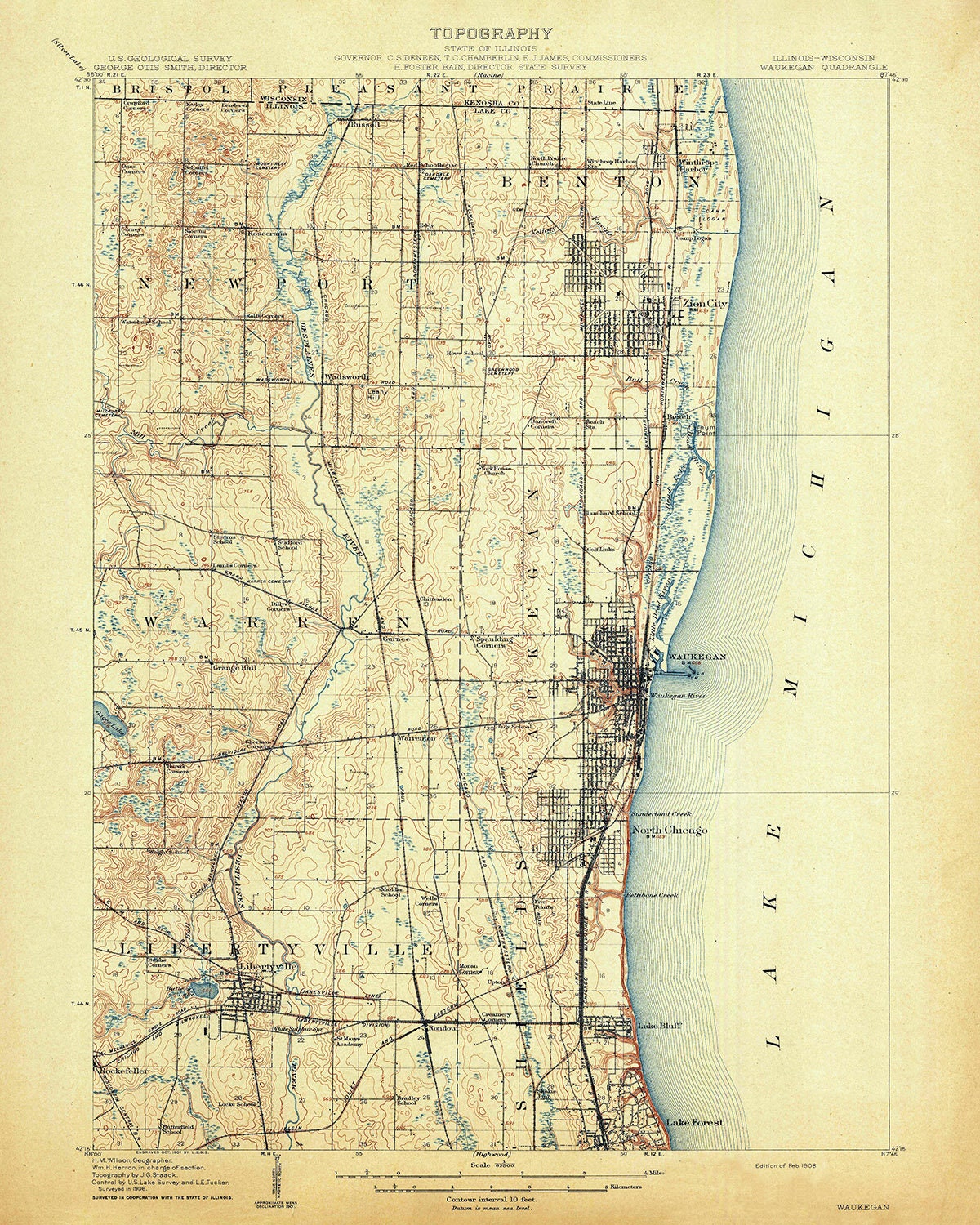 1908 Topo Map of Waukegan Illinois Libertyville