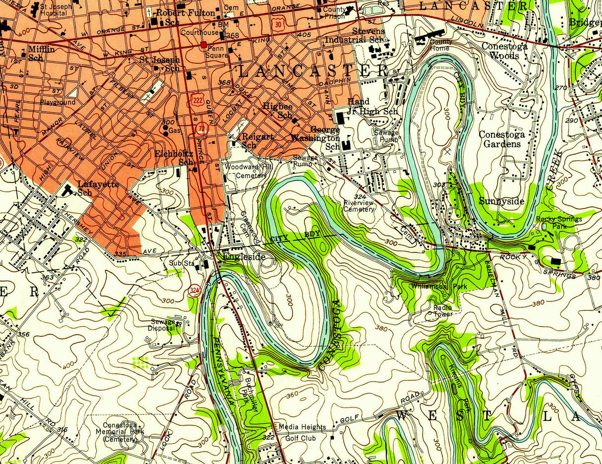 1956 Topo Map of Lancaster Pennsylvania