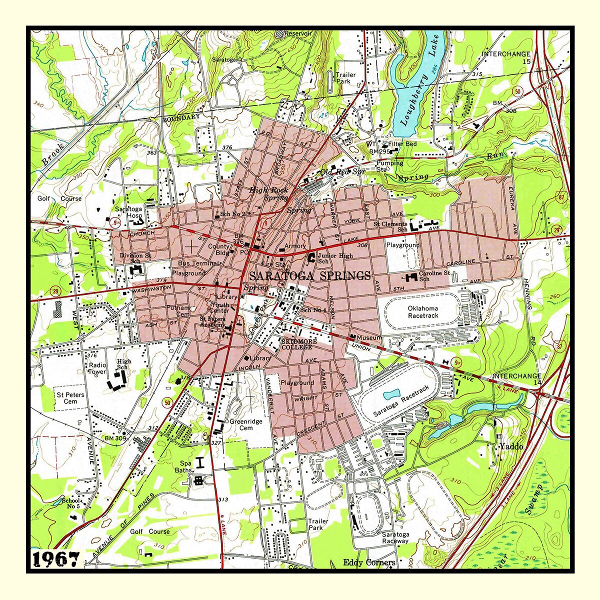 1967 Town Map of Saratoga Springs New York