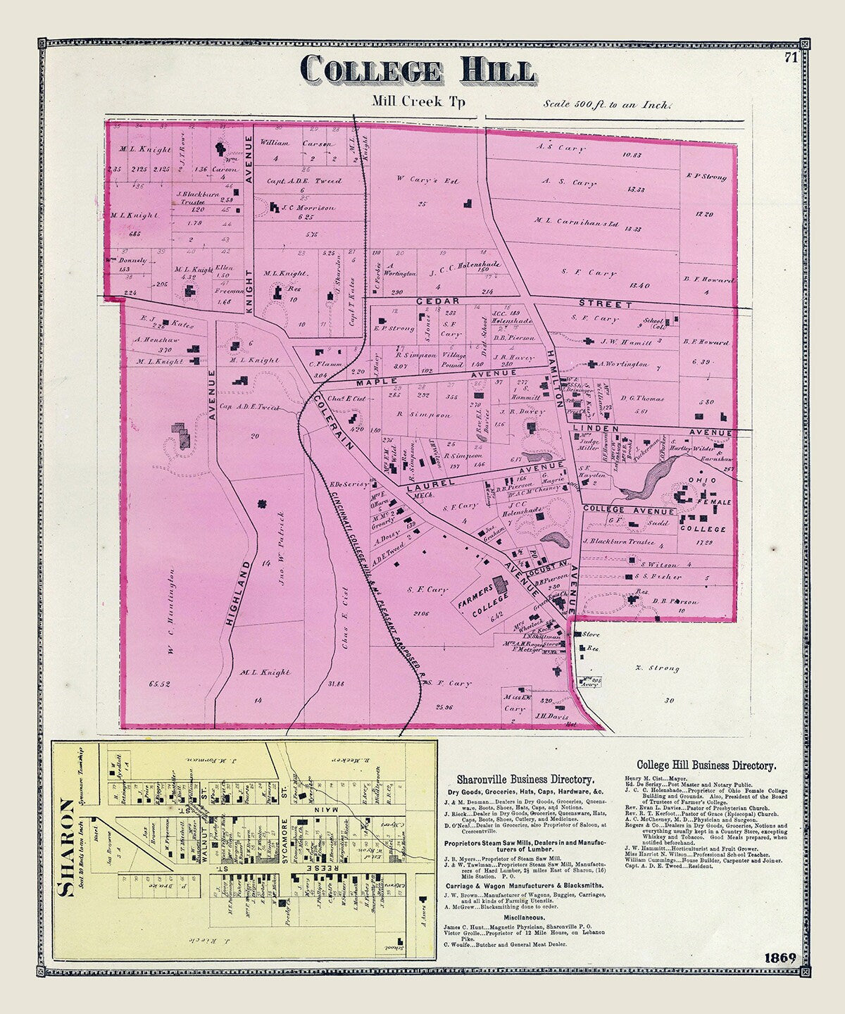 1869 Map of College Hill Hamilton County Ohio