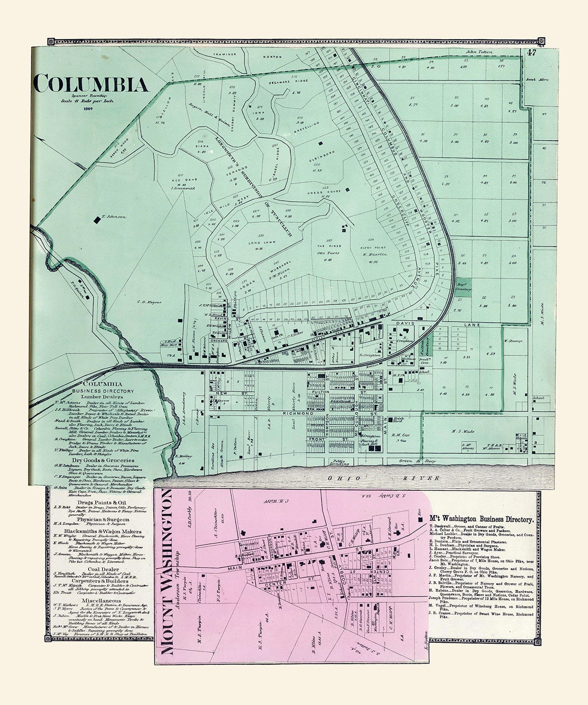 1869 Map of Columbia Hamilton County Ohio