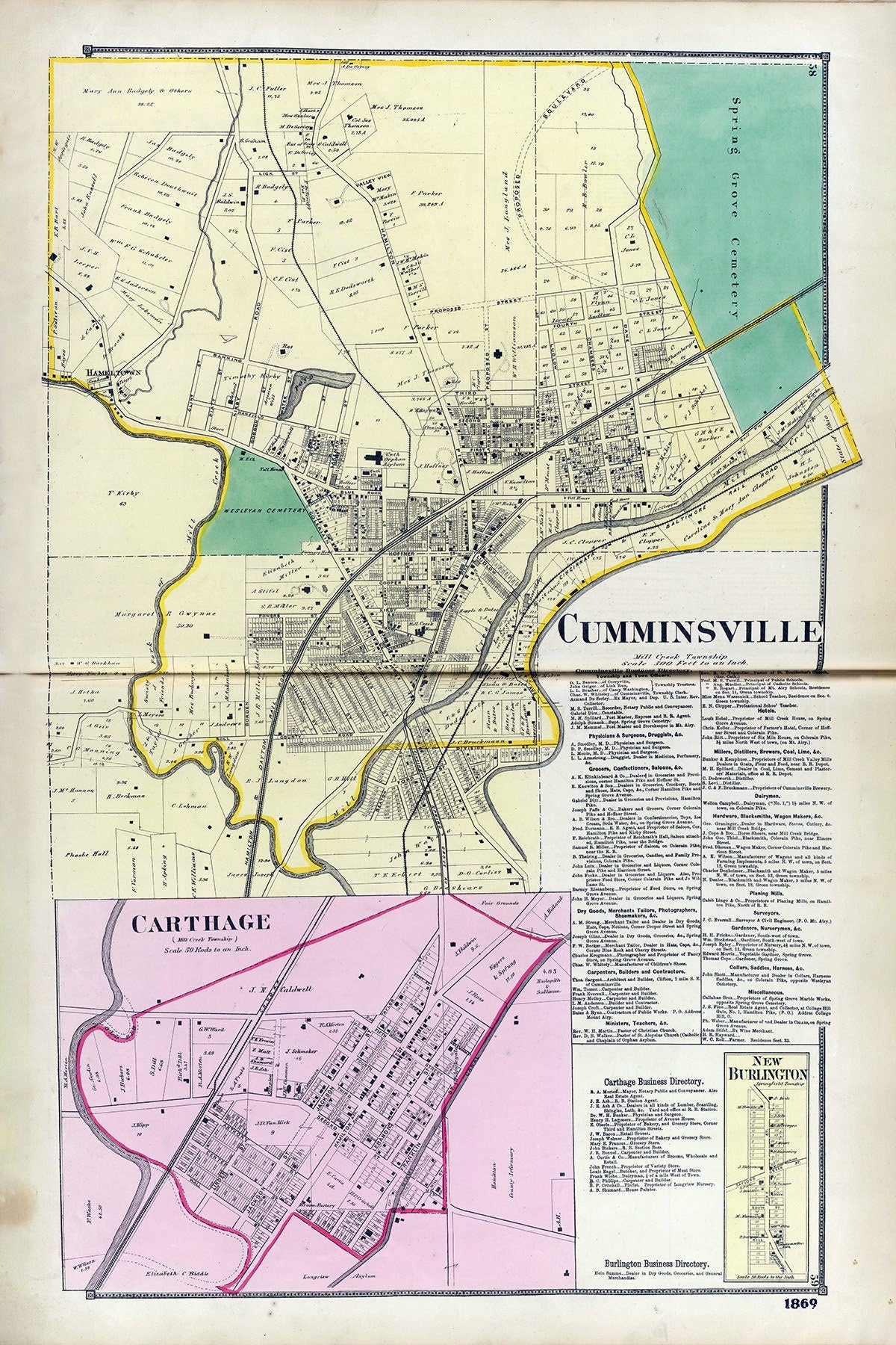 1869 Map of Cumminsville Hamilton County Ohio