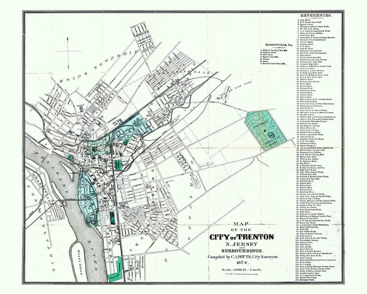 1874 Map of Trenton New Jersey