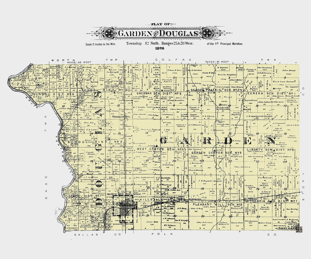 1896 Map of Garden and Douglas Township Boone County Iowa