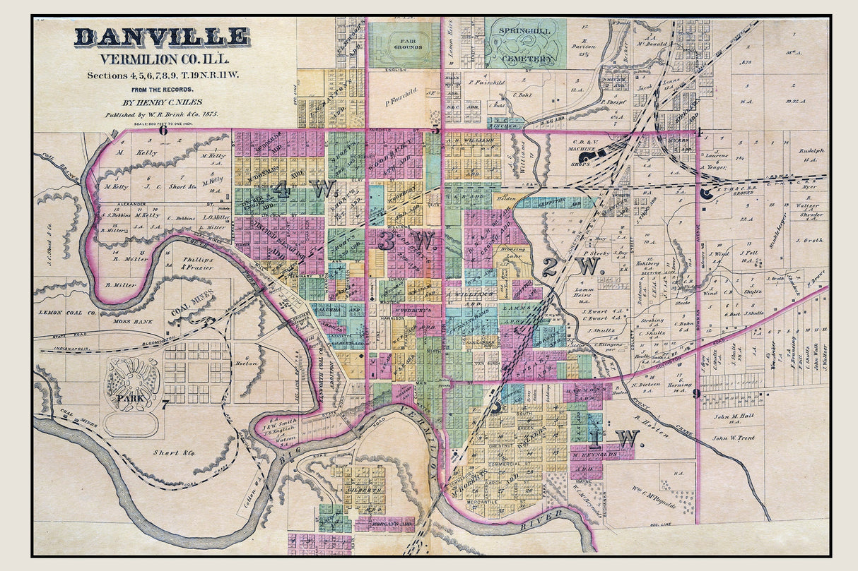 1875 Map of Danville Vermilion County Illinois