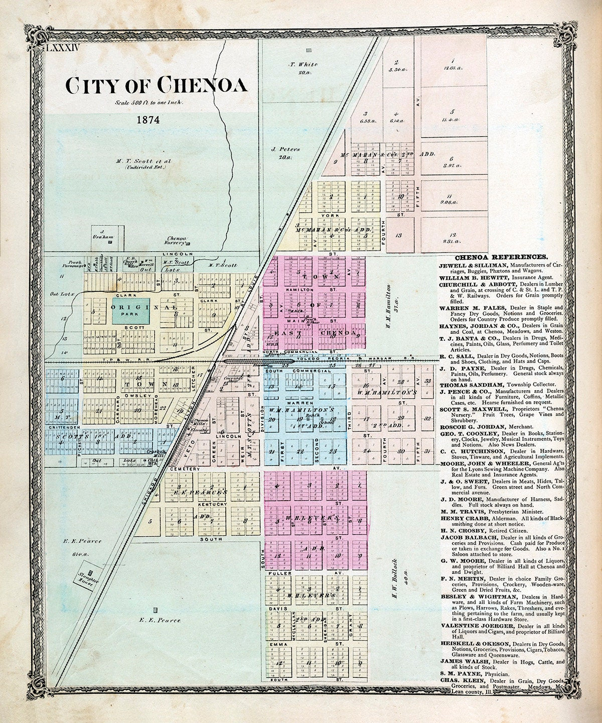 1874 Map of Chenoa McLean County Illinois