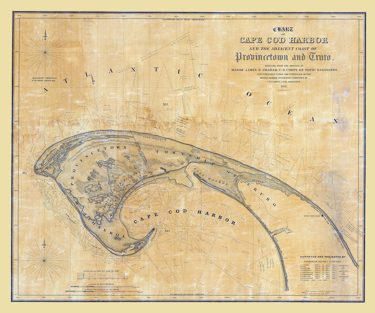1841 Nautical Chart of Cape Cod Harbor Provincetown Village