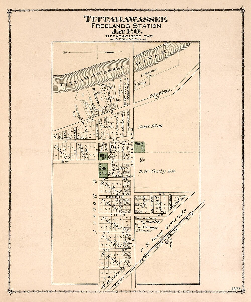 1877 Map of Tittabawassee Freelands Station Saginaw County Michigan