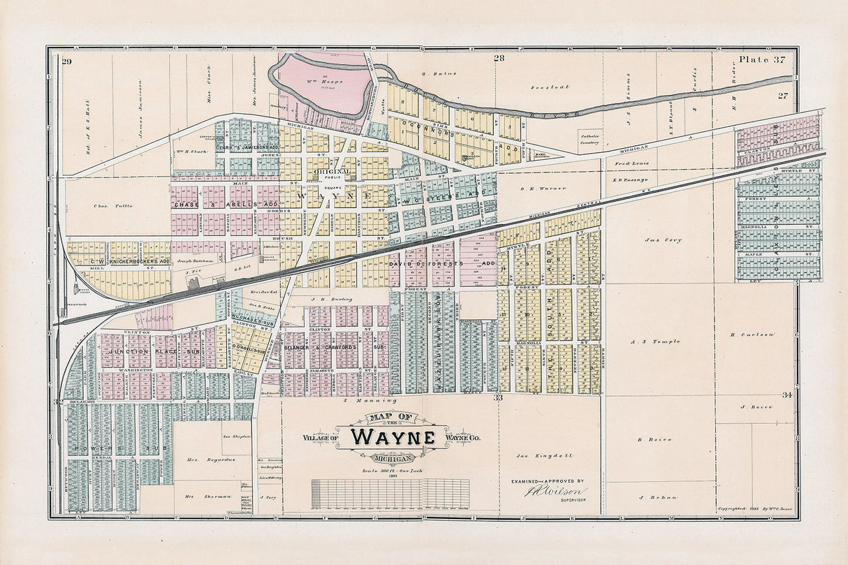 1893 Town Map of Wayne Wayne County Michigan