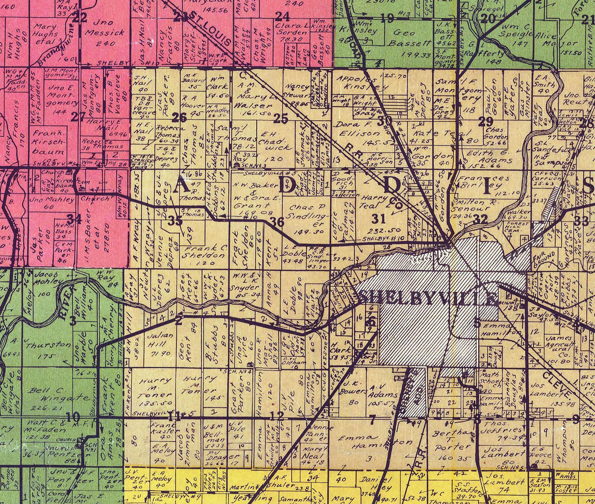 1916 Map of Shelby County Indiana