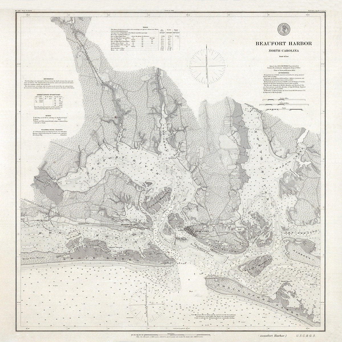 1889 Nautical Chart of Beaufort Harbor North Carolina