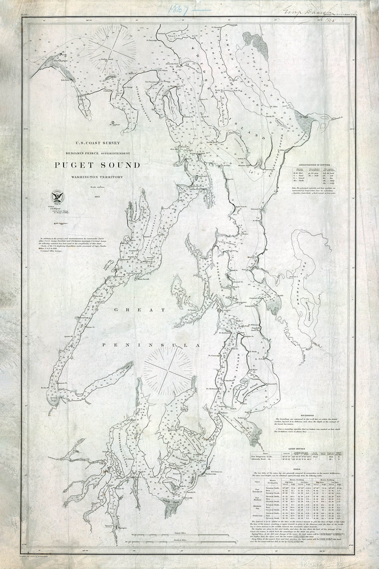 1867 Nautical Chart of Puget Sound Washington