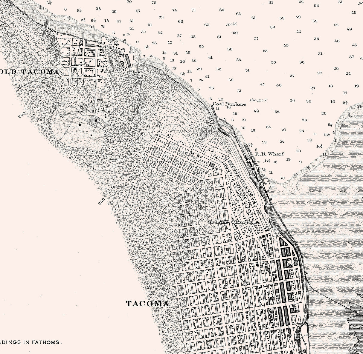 1888 Nautical Chart of Commencement Bay and City of Tacoma Washington
