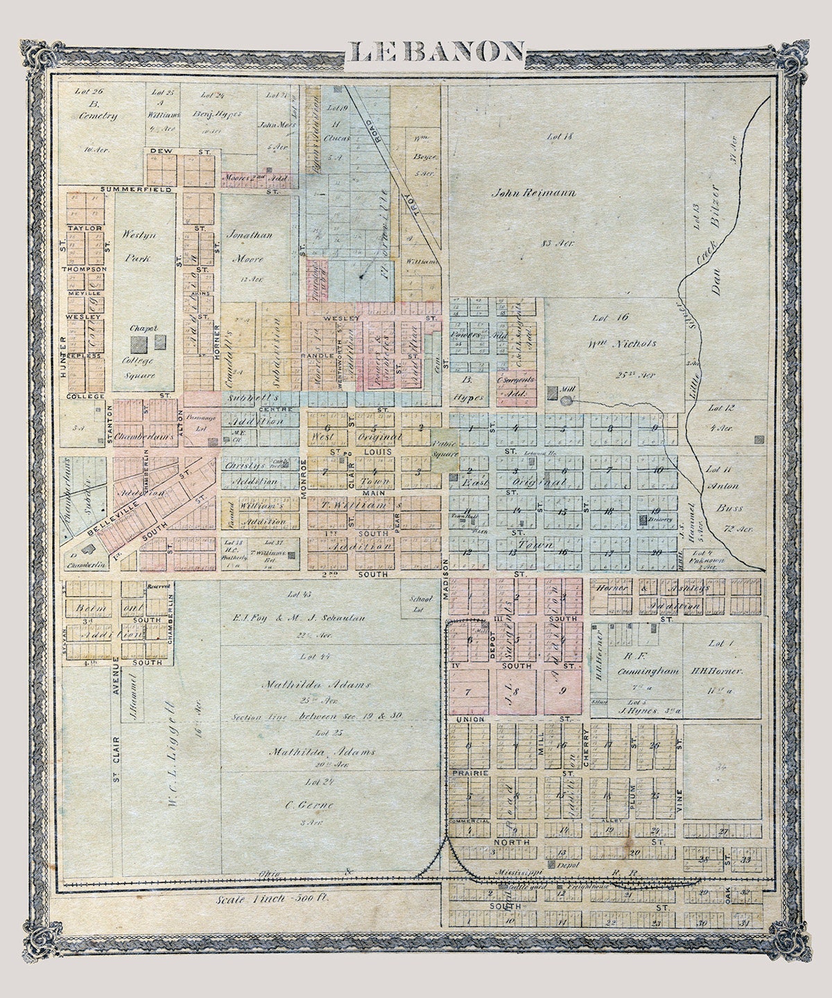 1874 Map of Lebanon St Clair County Illinois