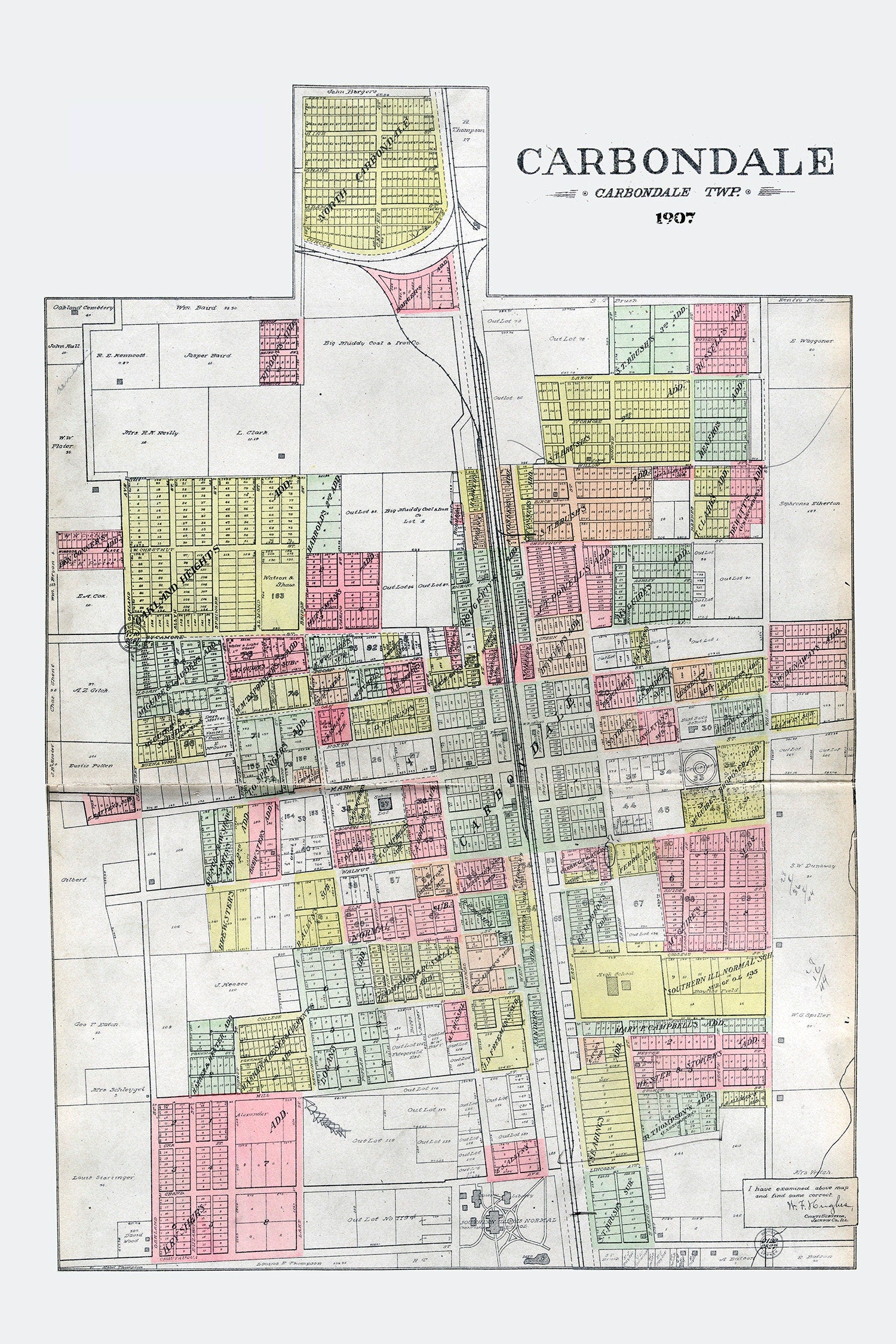 1907 Map of Carbondale Jackson County Illinois