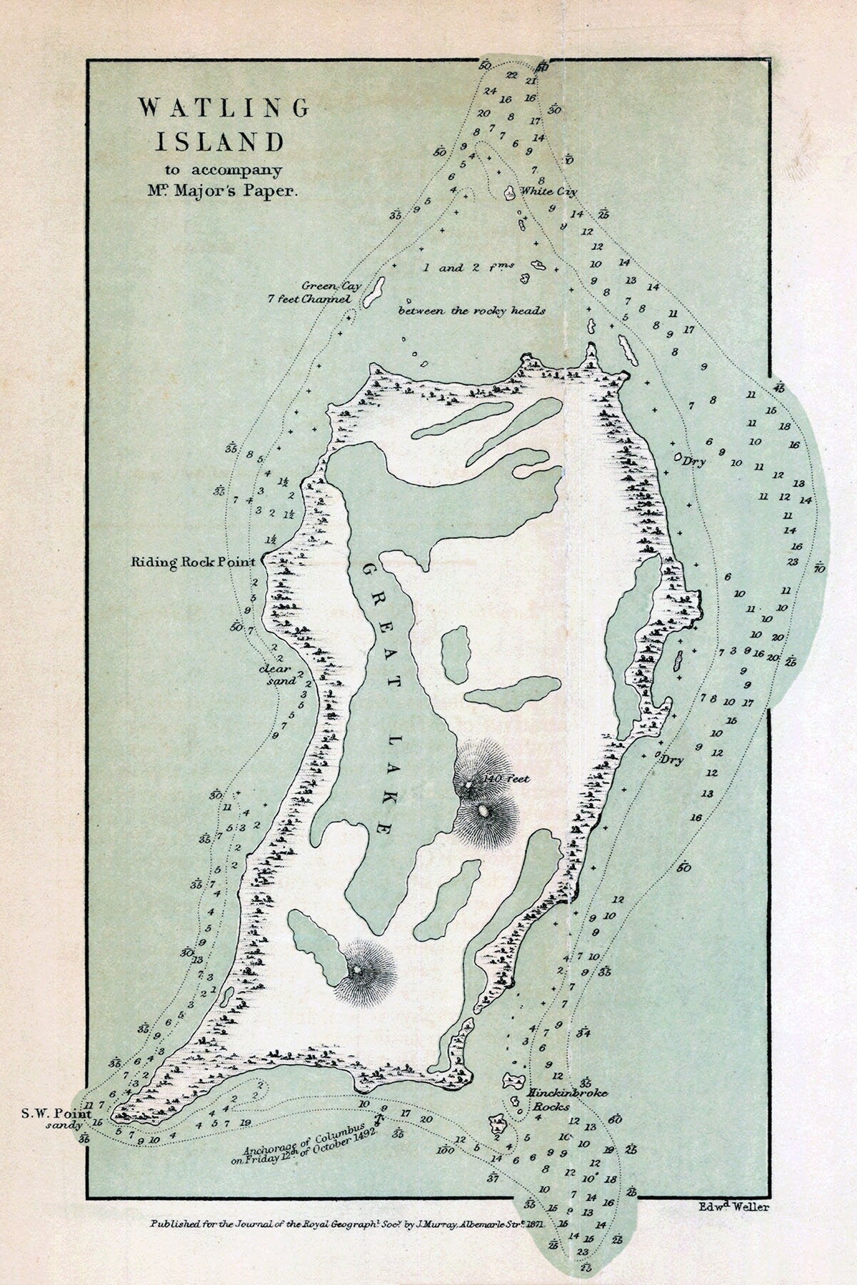 1871 Map of San Salvador Island Bahamas Watling Island