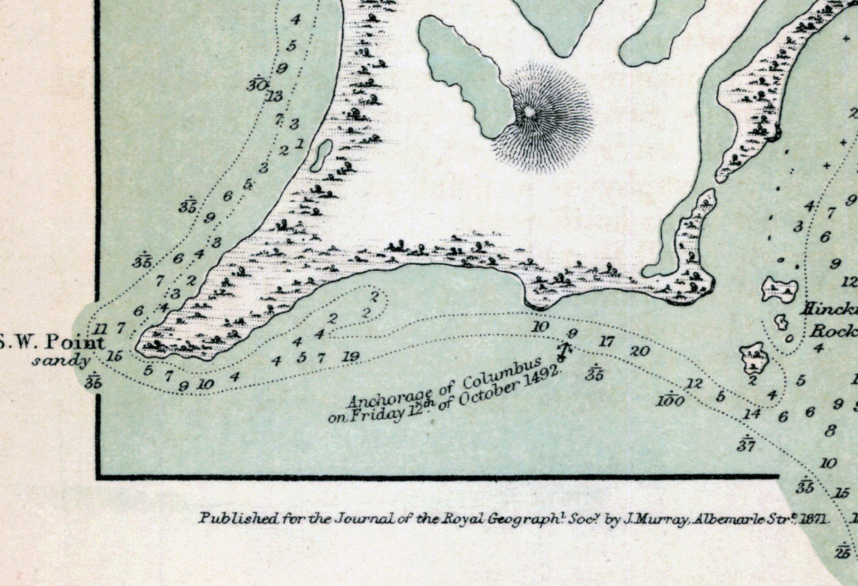 1871 Map of San Salvador Island Bahamas Watling Island