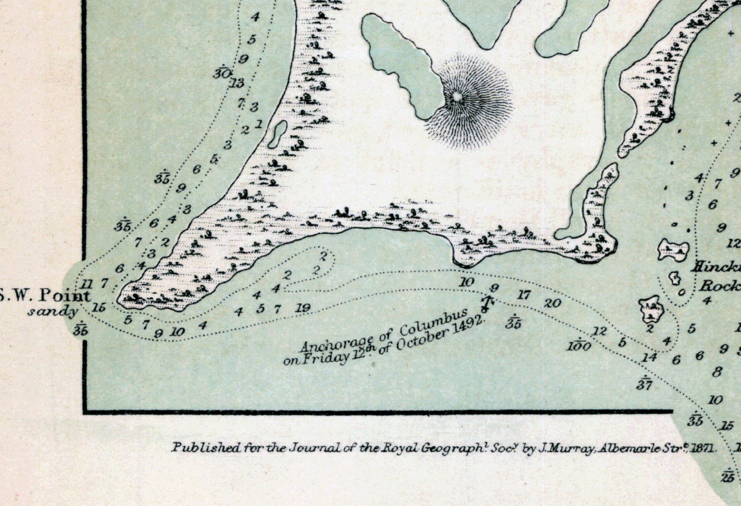 1871 Map of San Salvador Island Bahamas Watling Island