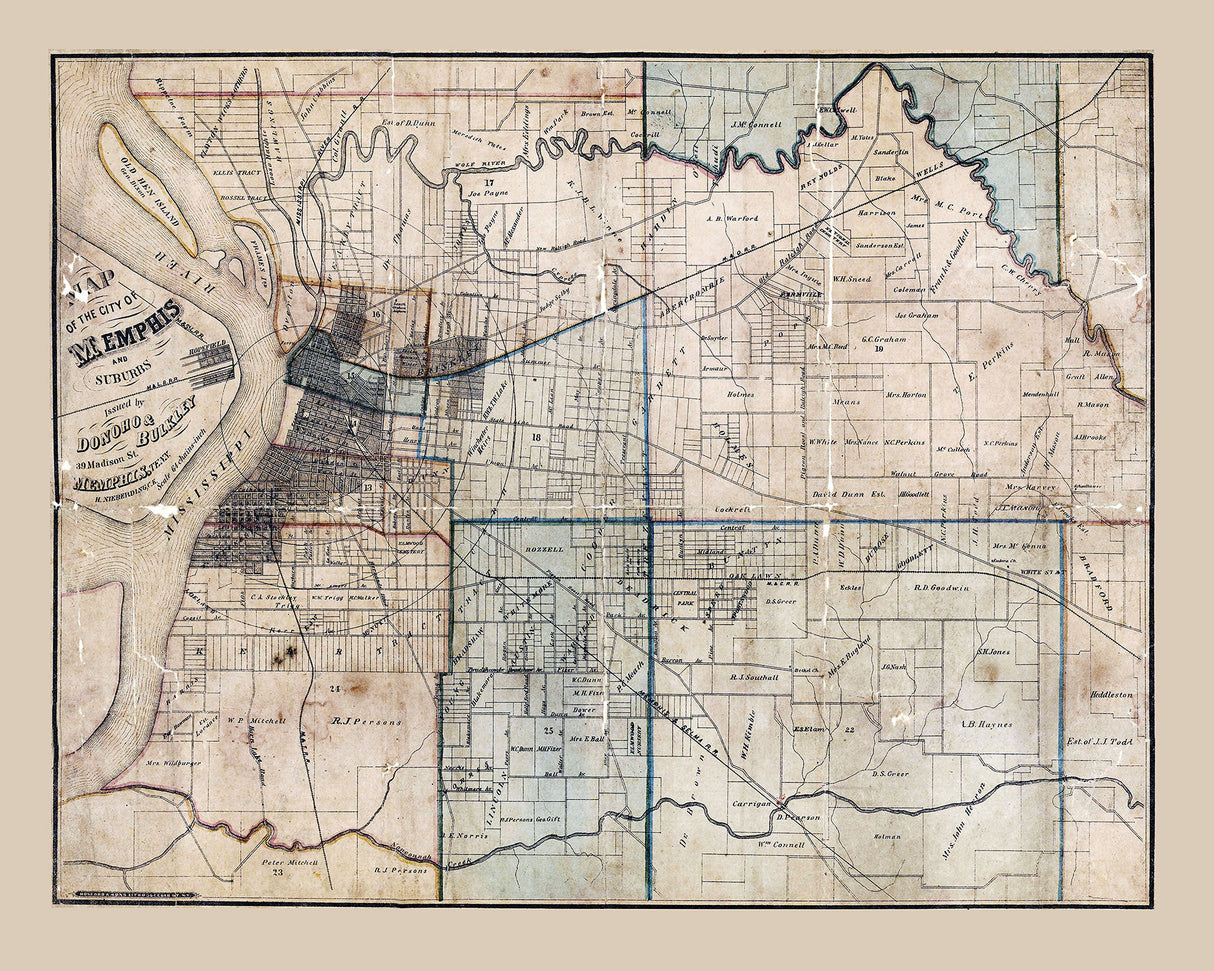 1871 Map of Memphis Tennessee and Suburbs