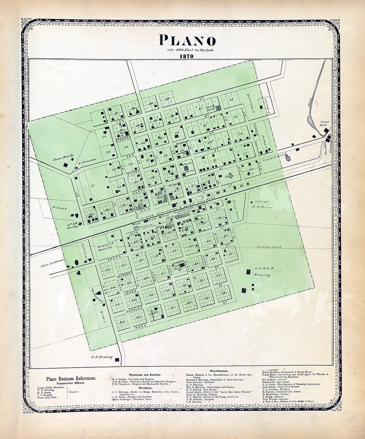 1870 Map of Plano Kendall County Illinois