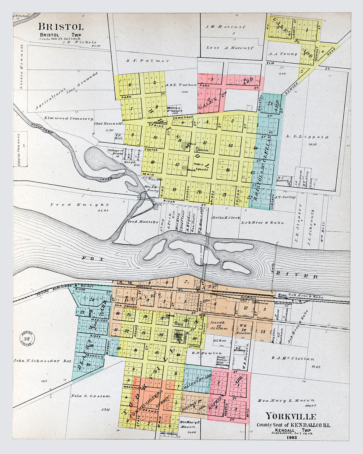 1903 Map of Yorkville and Bristol Kendall County Illinois