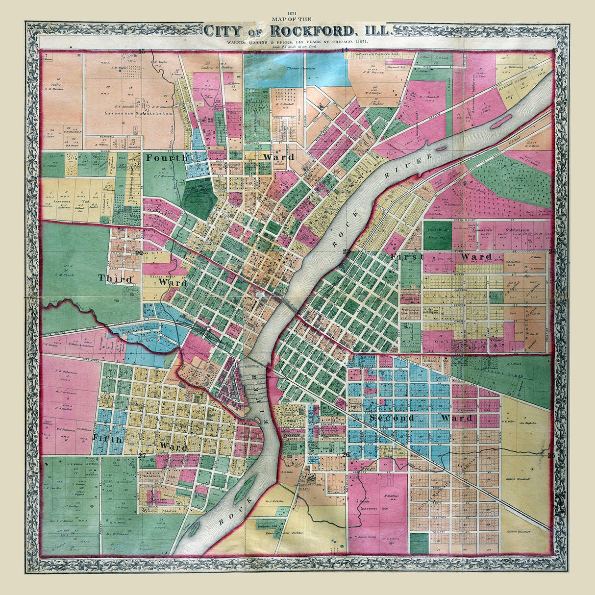 1871 Map of Rockford Winnebago County Illinois