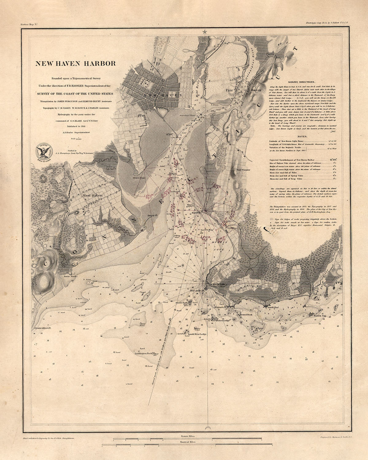 1846 Map of New Haven Harbor Connecticut