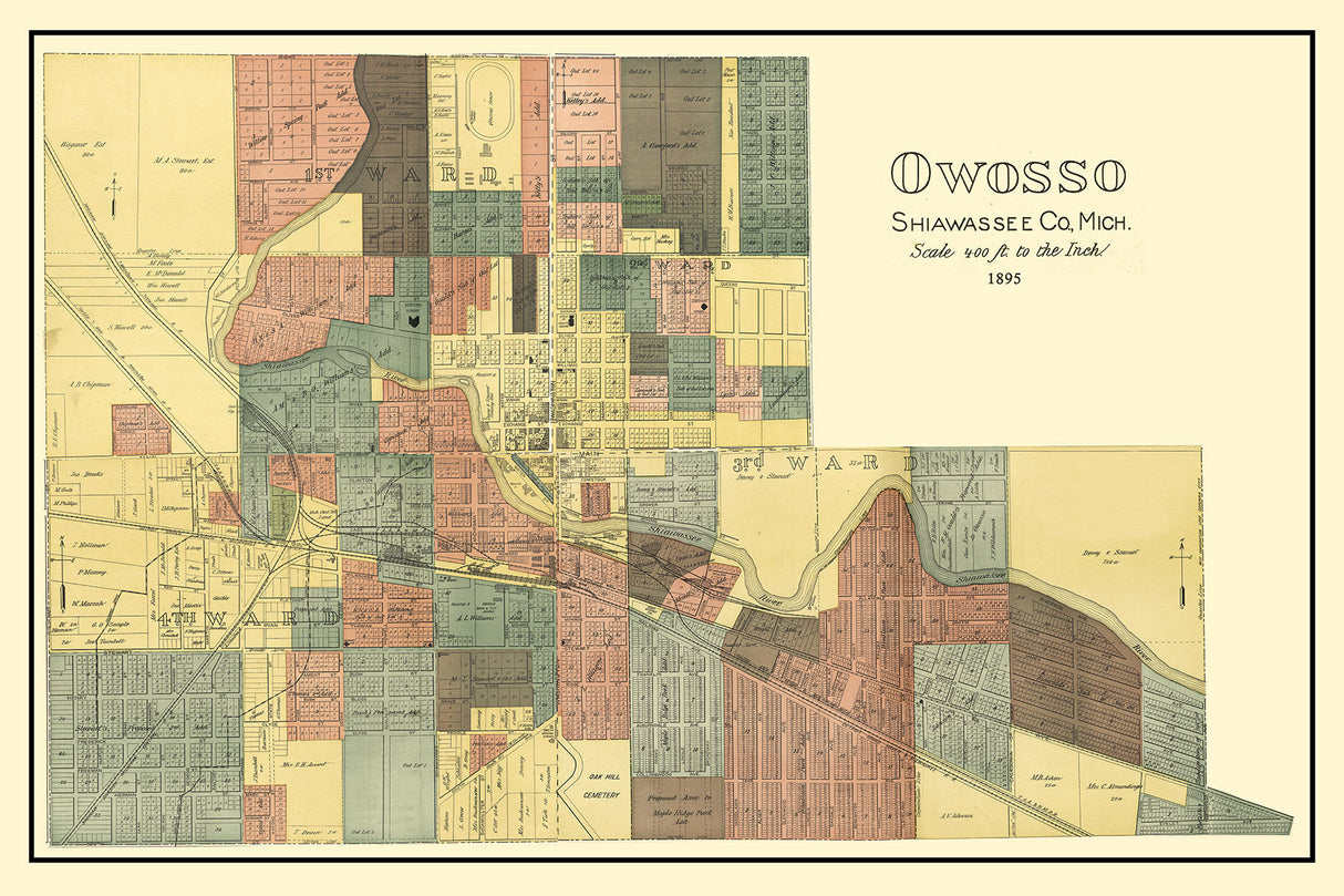 1895 Map of Owosso Shiawassee County Michigan
