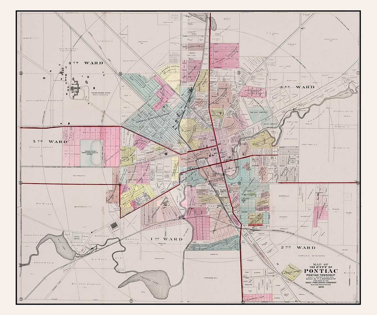 1896 Map of Pontiac Oakland County Michigan