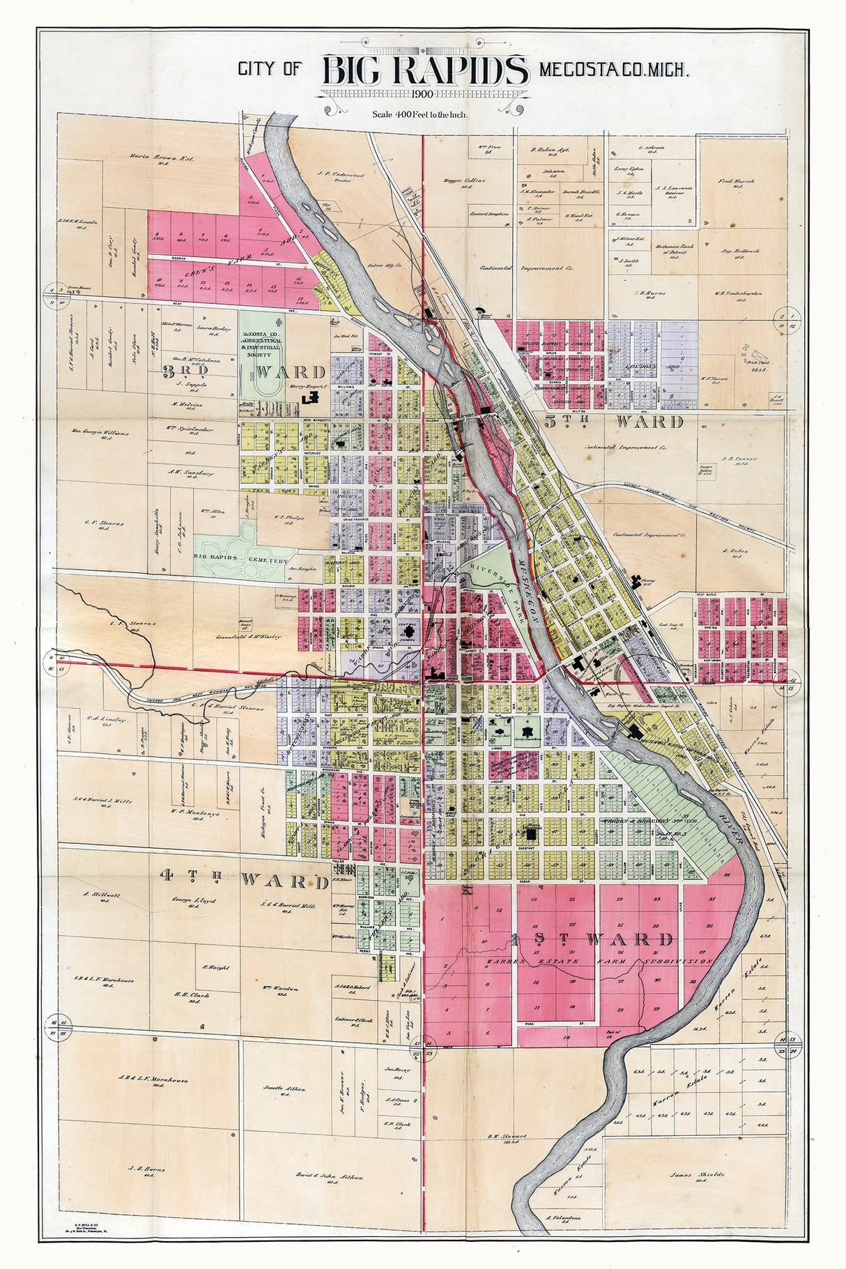 1900 Map of Big Rapids Mecosta County Michigan