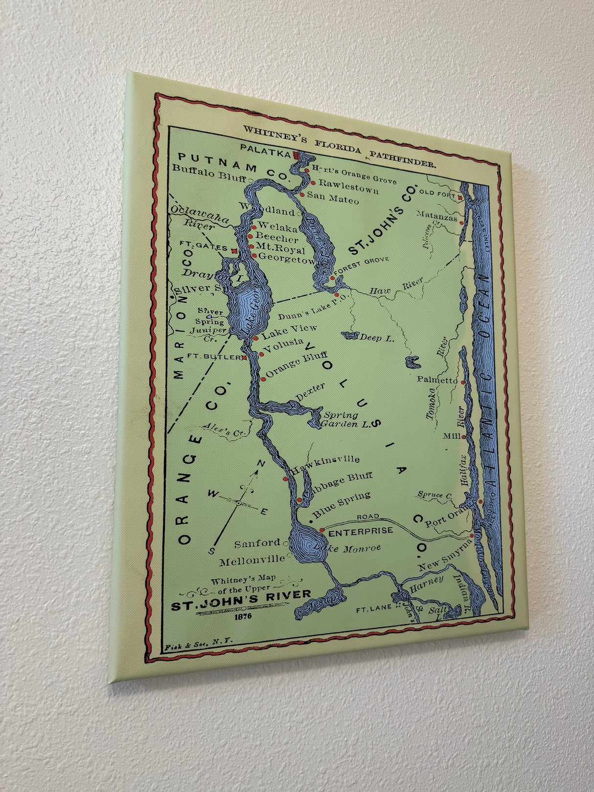 1876 Map of Saint Johns and Flagler County Florida Volusia Previously Framed