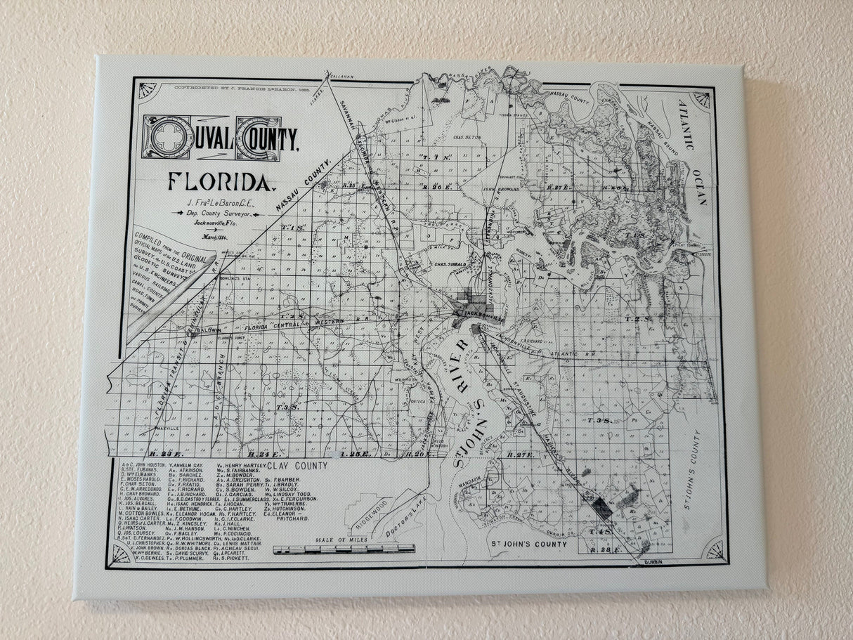 1885 Map of Duval County Florida Jacksonville Framed