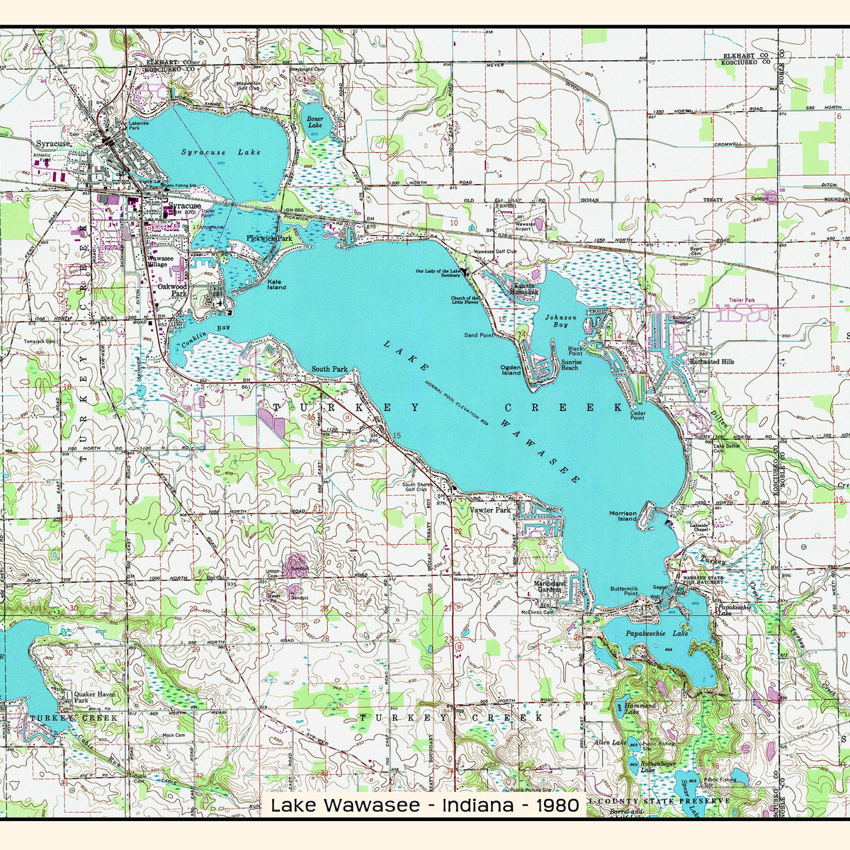 1980 Map of Lake Wawasee Indiana